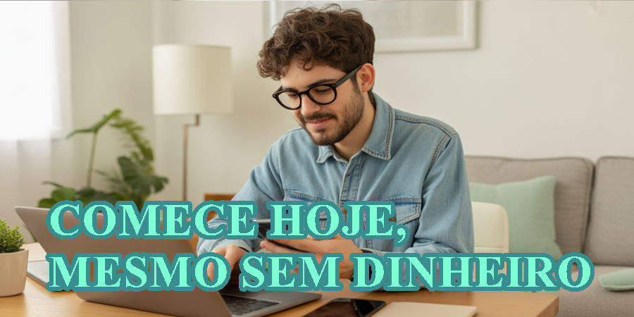 Um jovem empreendedor trabalhando com notebook e celular em um ambiente simples (sala de casa), transmitindo a ideia de começar com o que se tem.